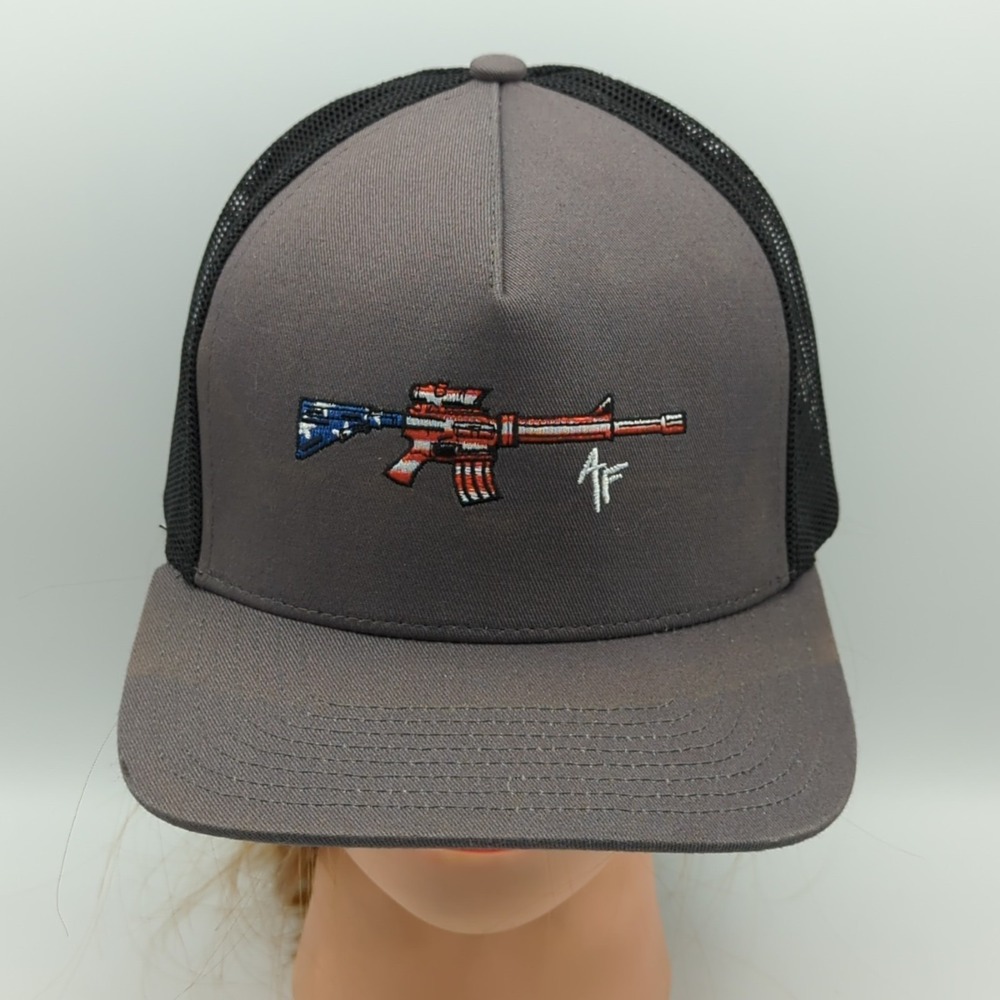 American Fetcher Hat Cap Gray Black Mesh Back US Flag